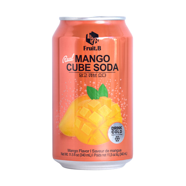 Mango Cube Soda — Sparkling mango flavored soda drink — front of the can, alternate angle