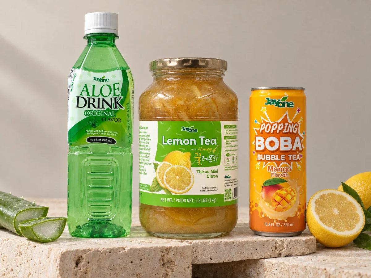 Jayone Aloe Drink Original, Lemon Tea with Honey, and Popping Boba Bubble Tea Mango
