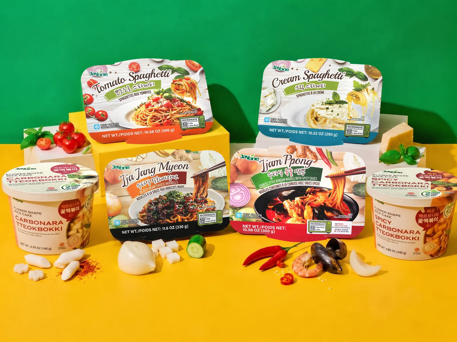 Jayone ready-to-cook meals — spaghetti, jjajangmyeon, jjamppong, tteokbokki