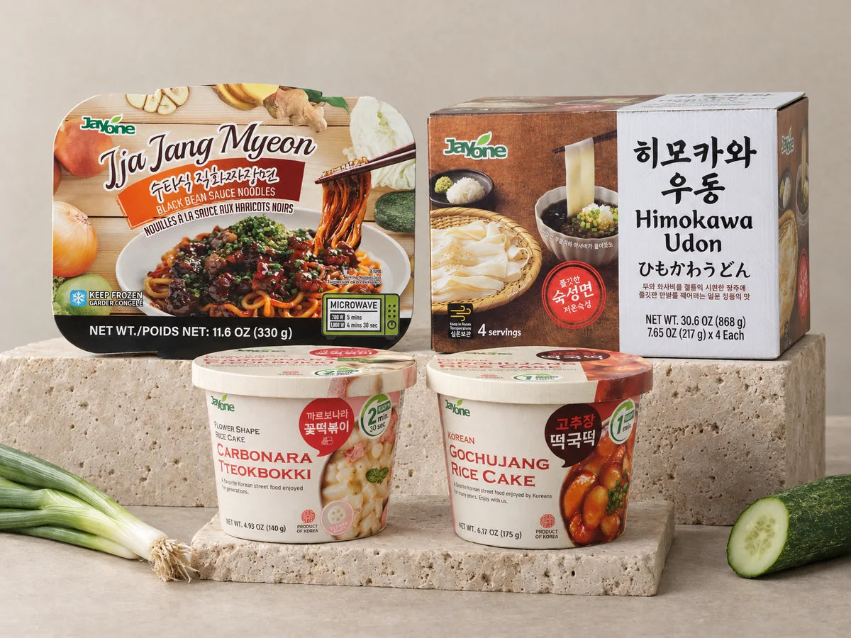 Jayone ready-to-cook meals — Jja Jang Myeon, Himokawa Udon, Carbonara Tteokbokki, Gochujang Rice Cake
