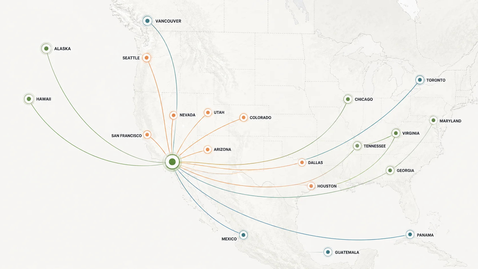 National and cross-border reach — from Alaska and Hawaii to Toronto, and south to Mexico, Guatemala, and Panama.