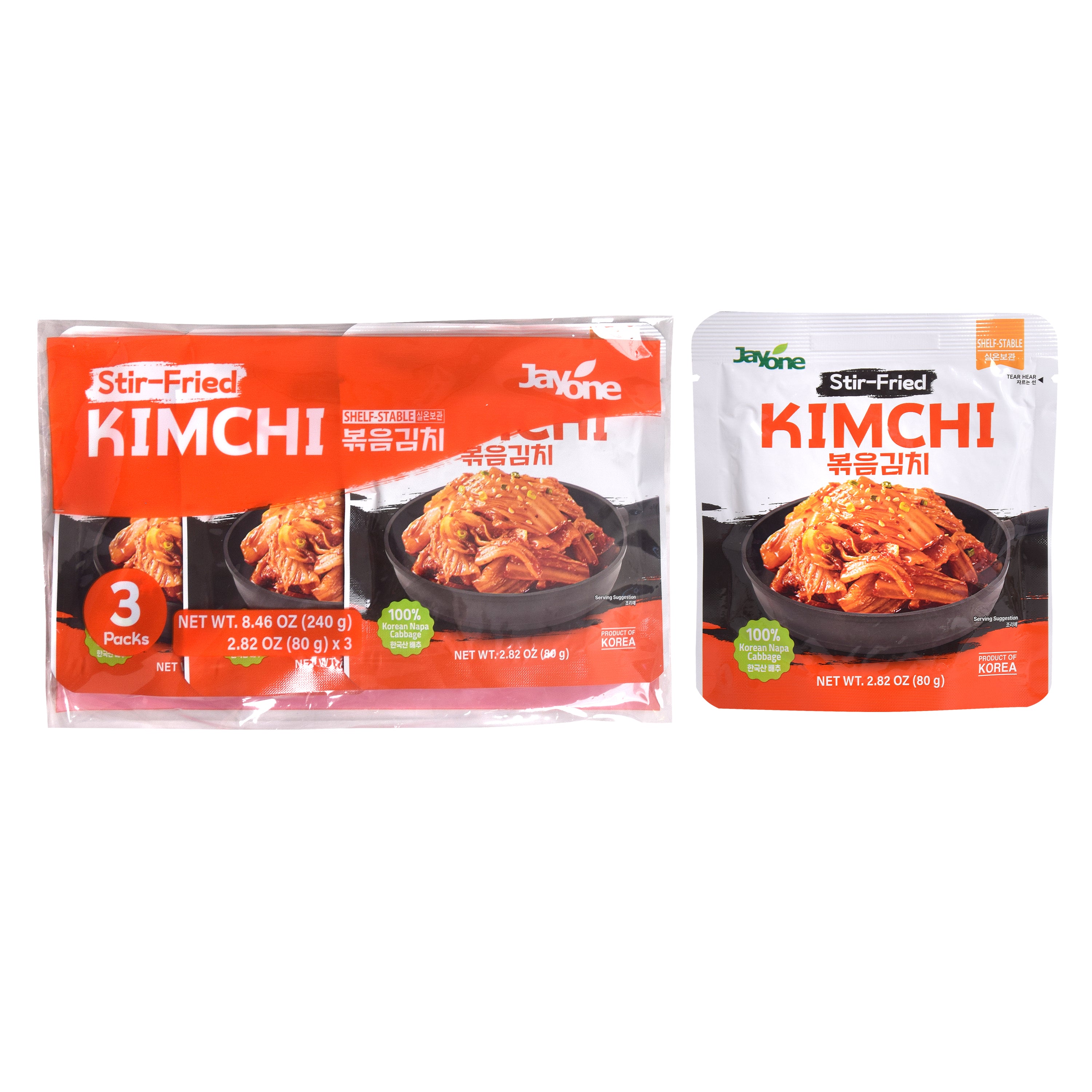 Bokkeum Kimchi - 3-pack shown beside a single pouch