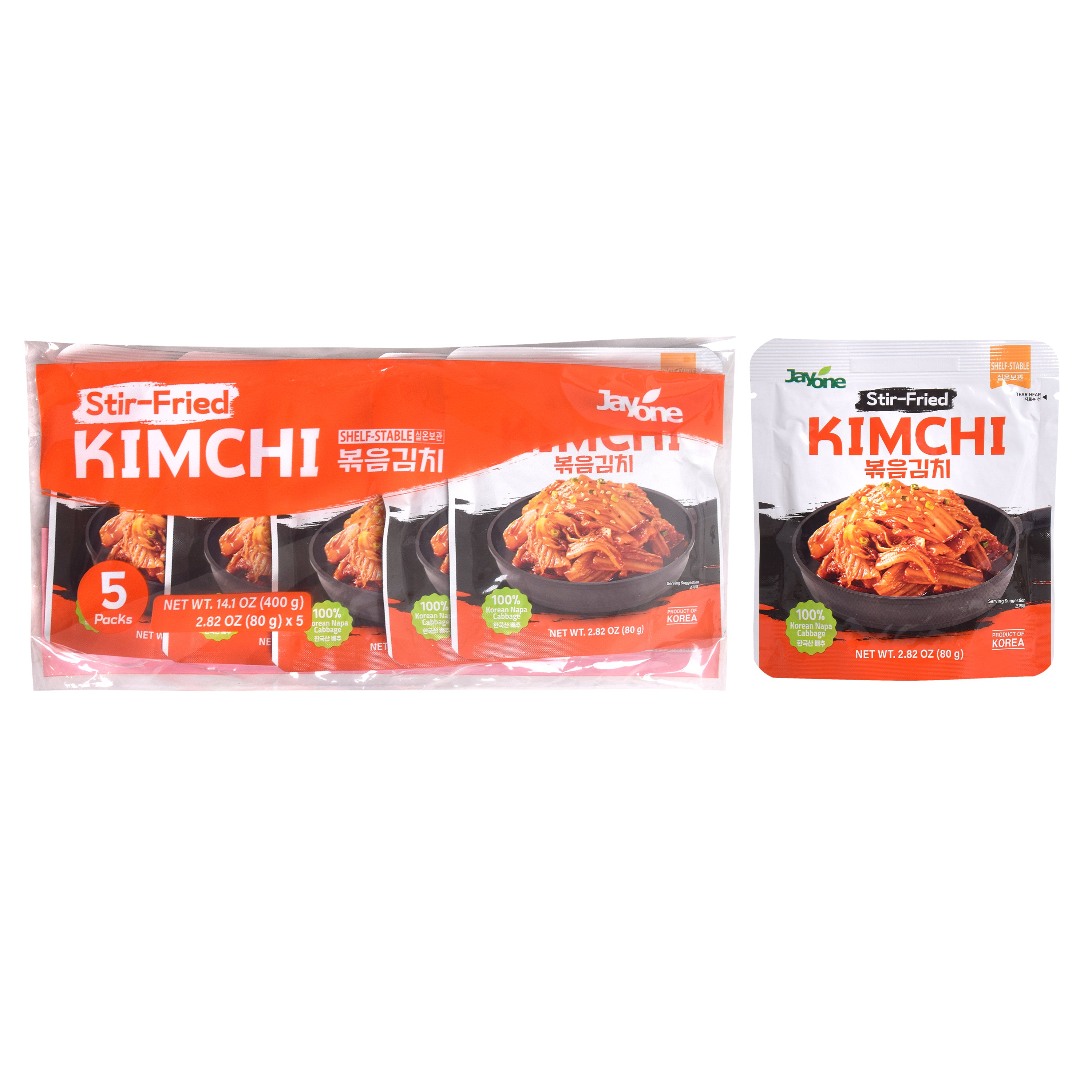 Bokkeum Kimchi - 5-pack shown beside a single pouch
