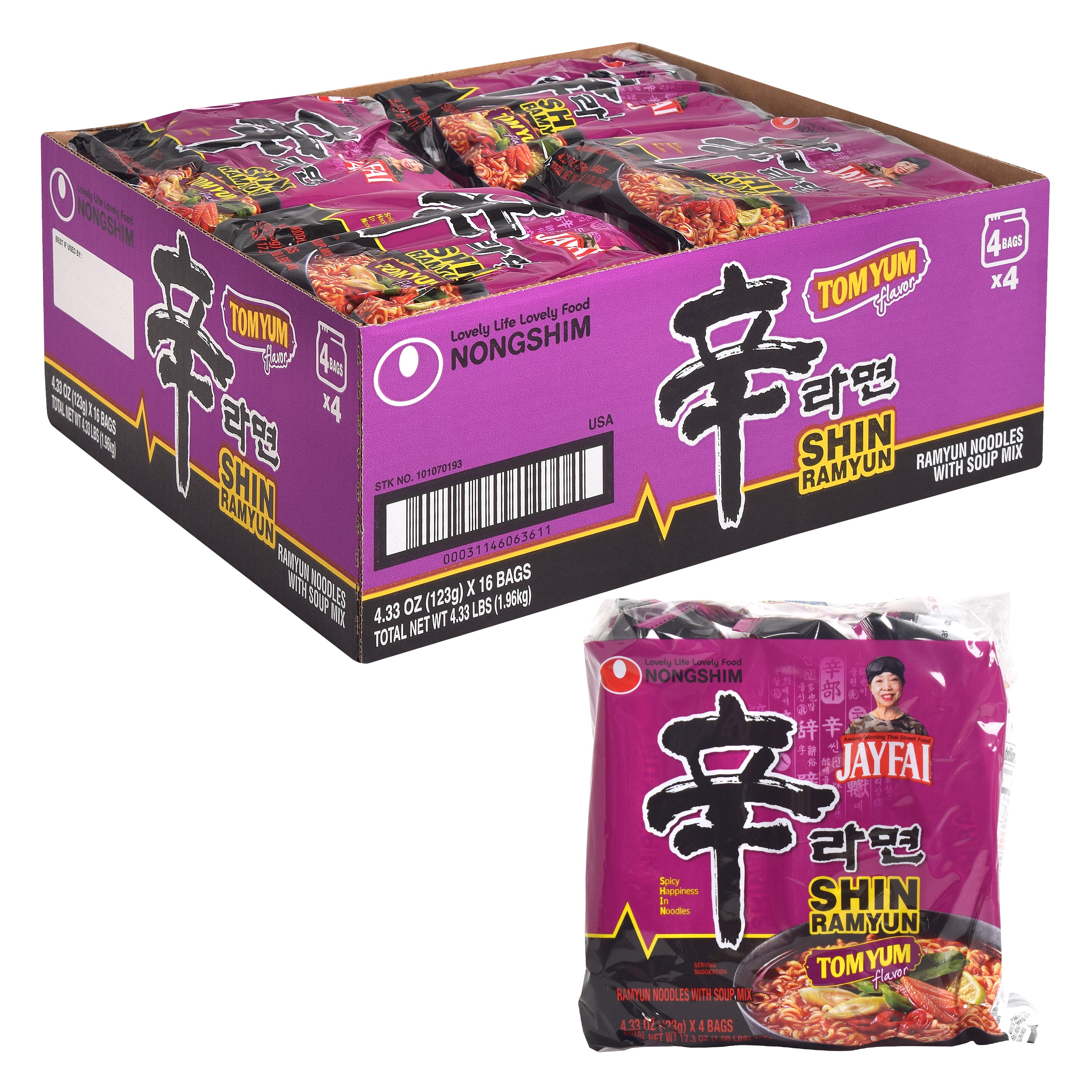 Shin Ramyun Tom Yum - open 16-bag case shown with one 4-bag pack