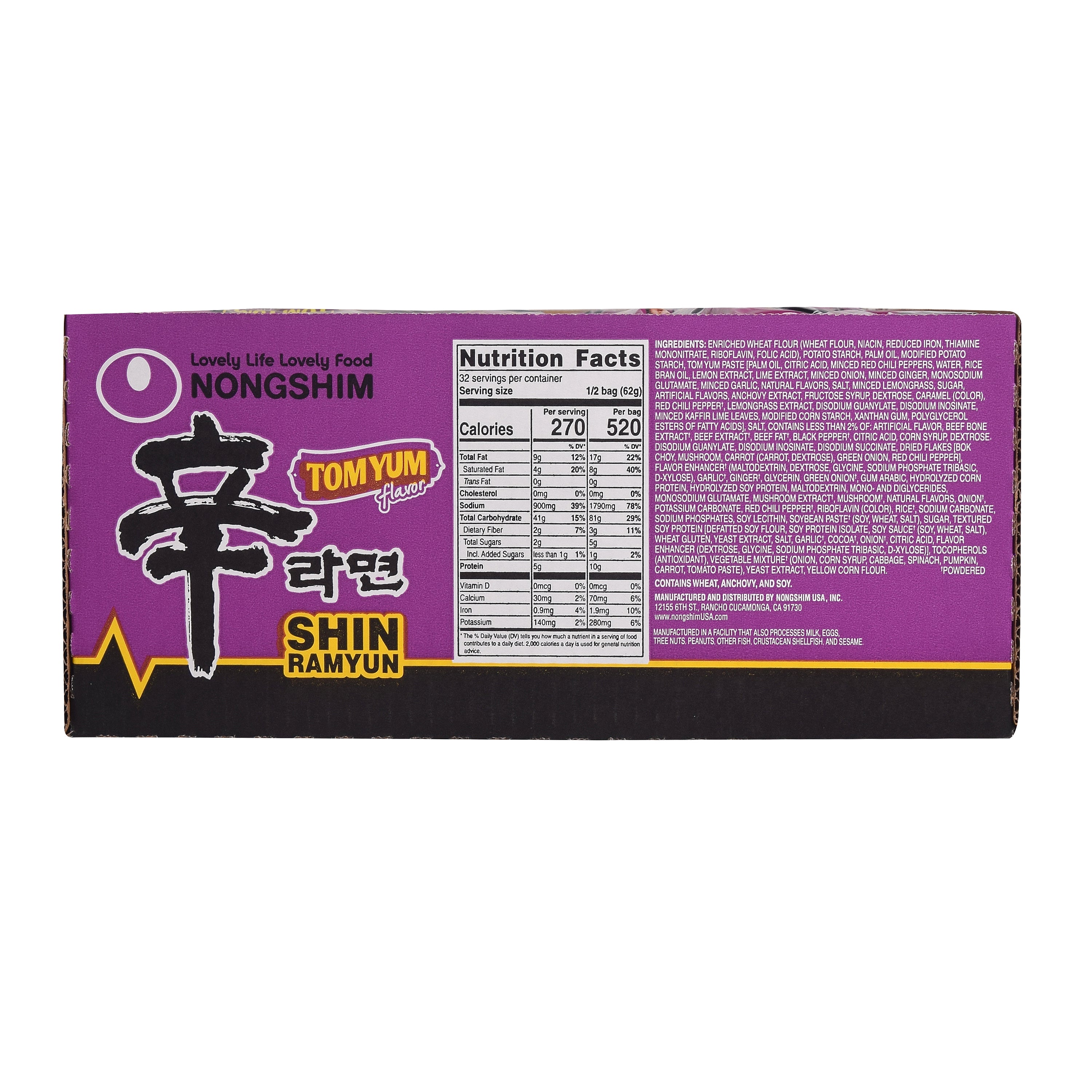 Shin Ramyun Tom Yum - case side panel with Nutrition Facts and ingredients