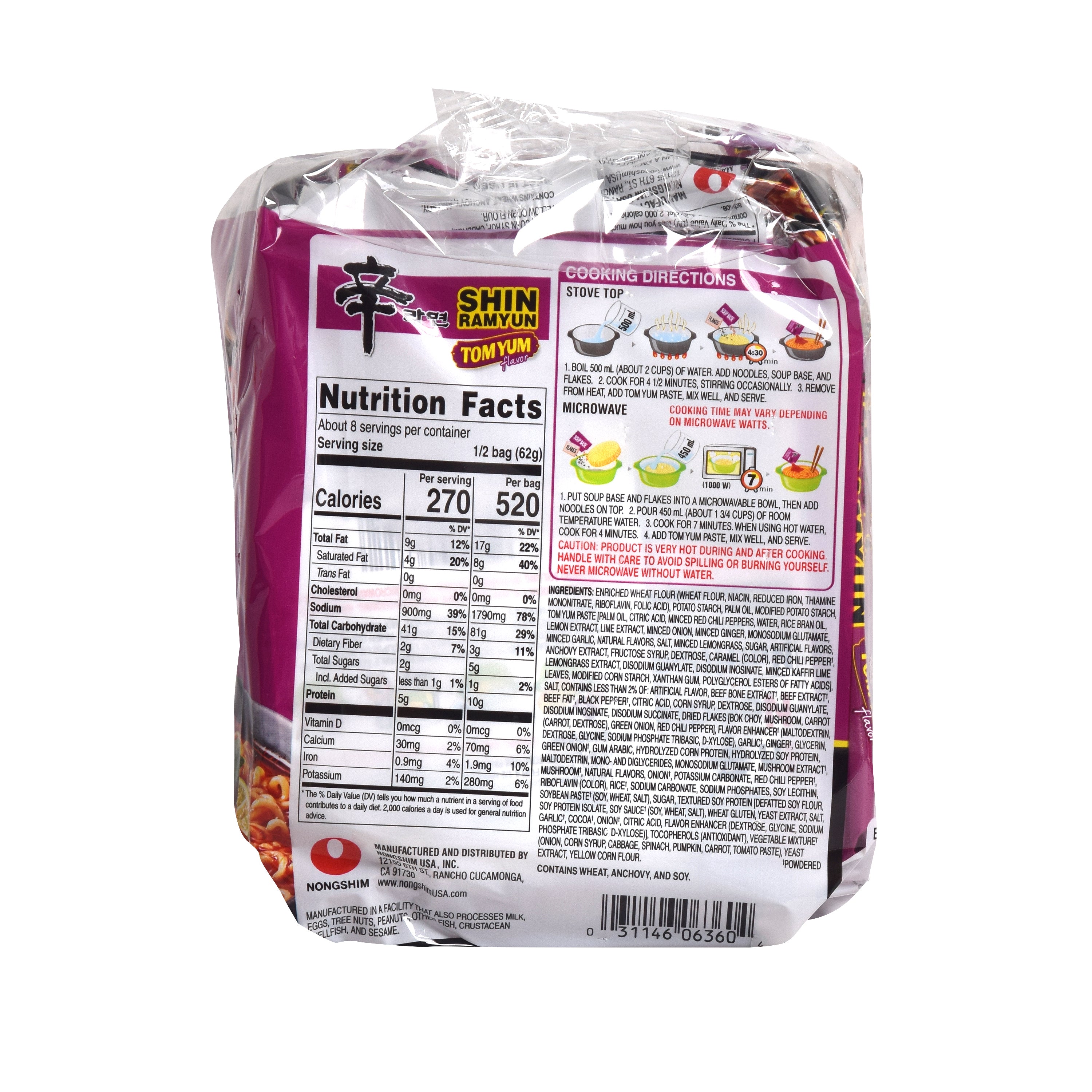 Shin Ramyun Tom Yum multipack - back of the pack with Nutrition Facts and cooking directions