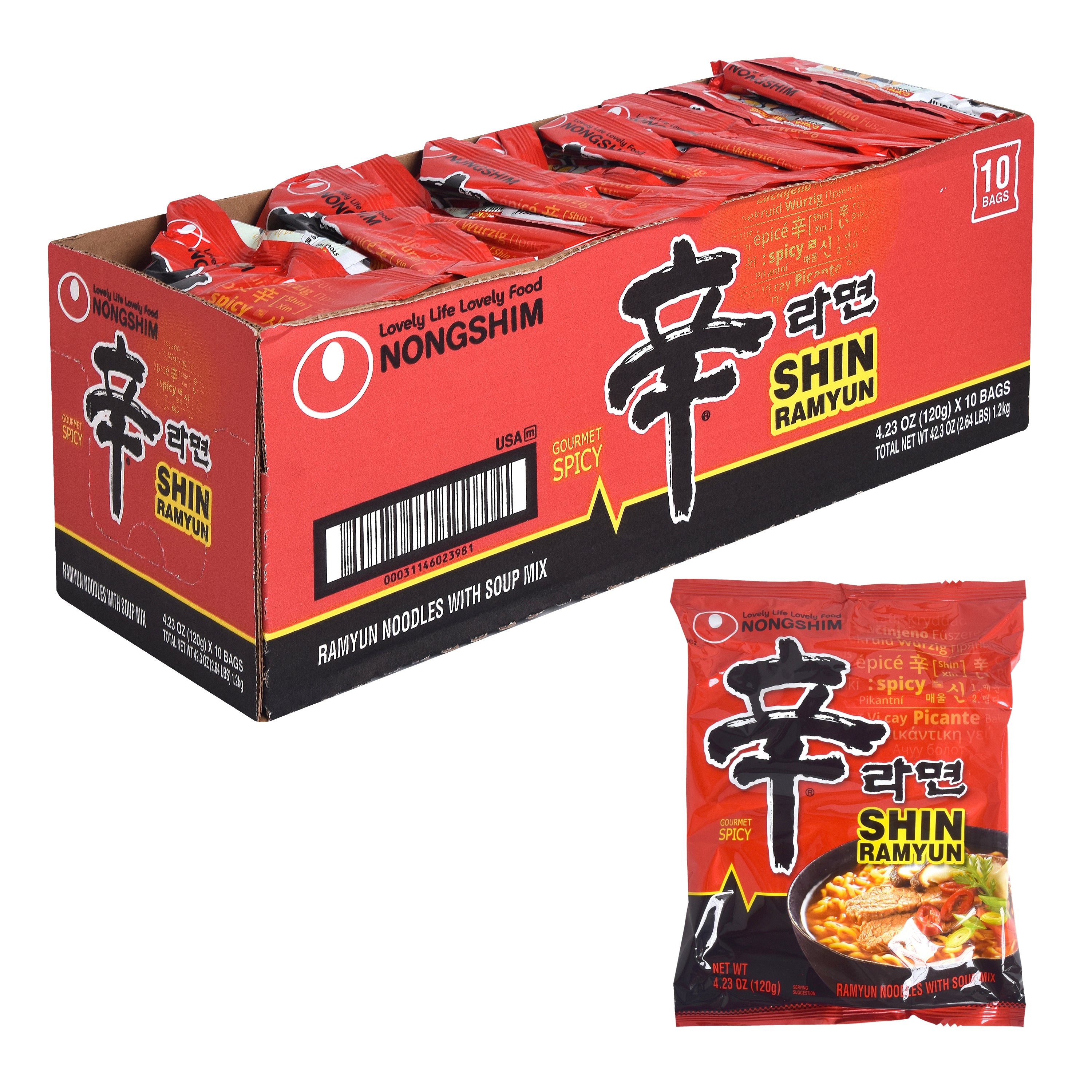Shin Ramyun — Spicy Korean Instant Noodle Soup, Original — wholesale case shown with one pack