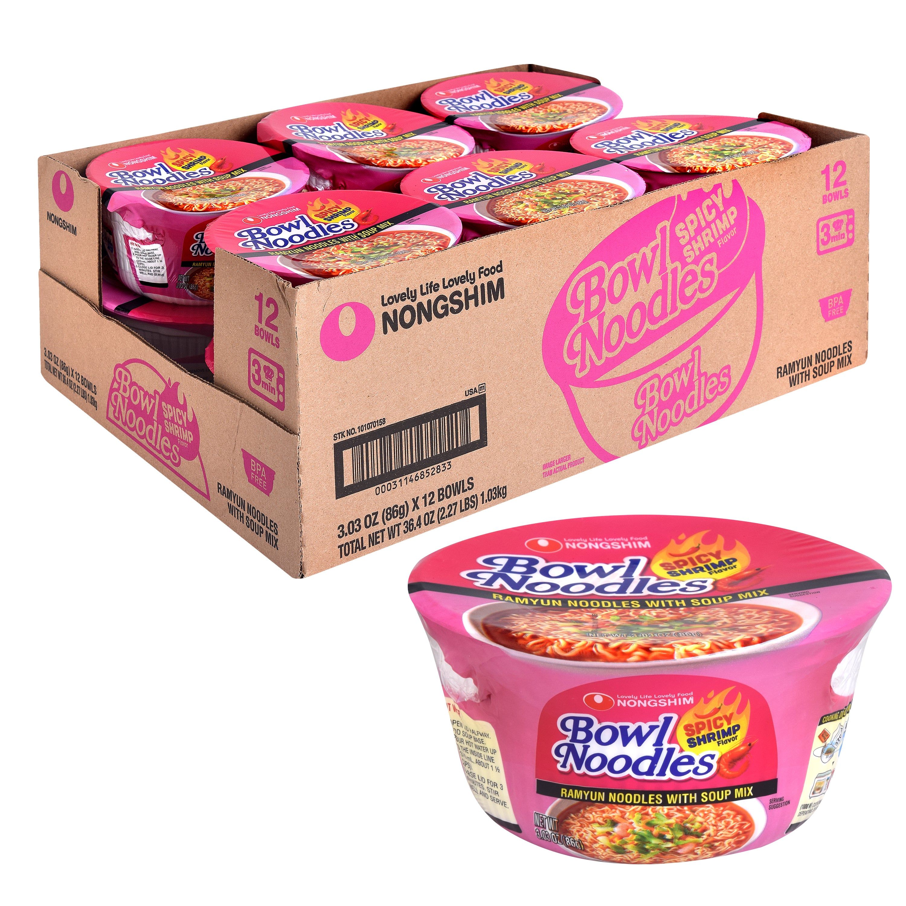 Bowl Noodle — Spicy Shrimp — wholesale case shown with one bowl