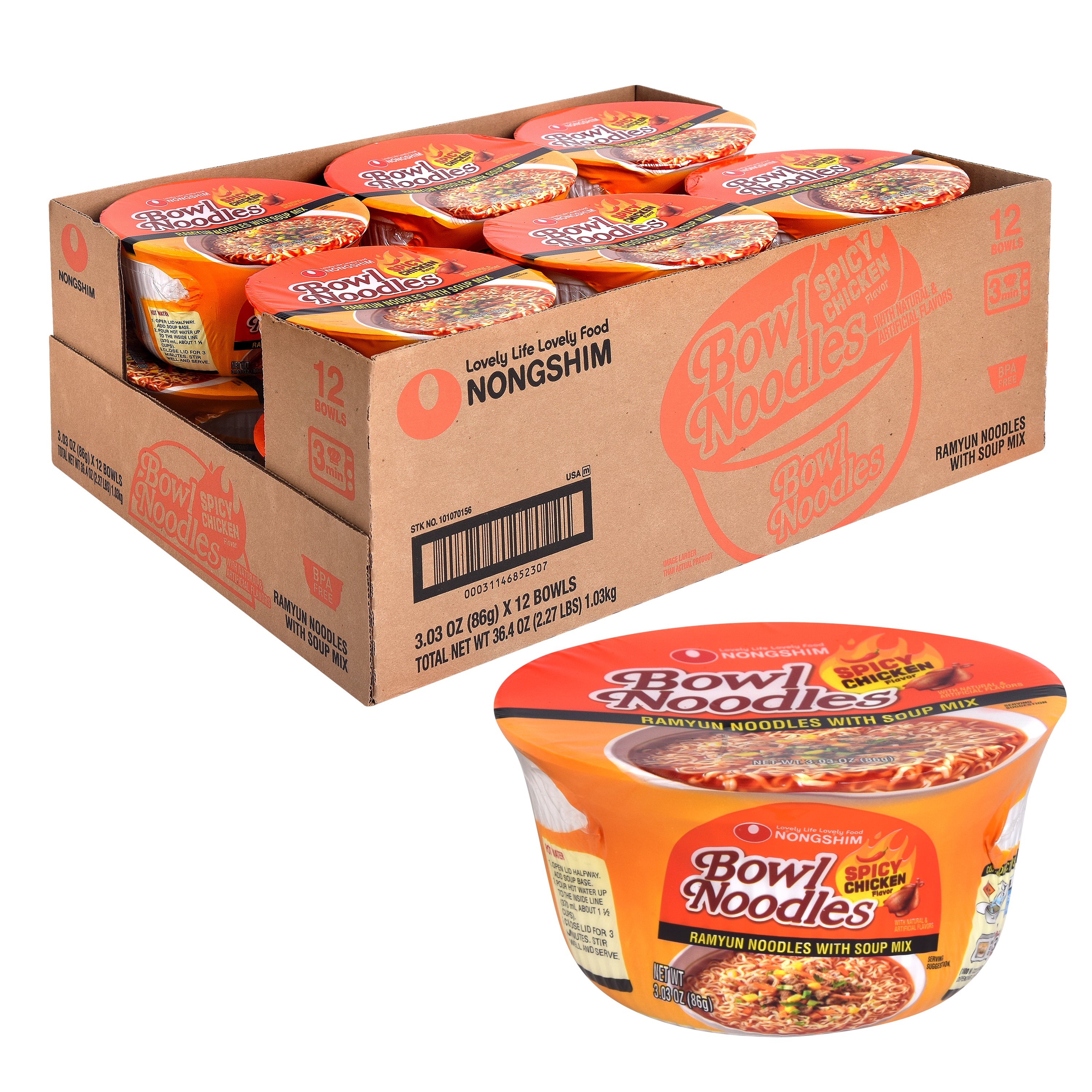 Bowl Noodle — Spicy Chicken — wholesale case shown with one bowl
