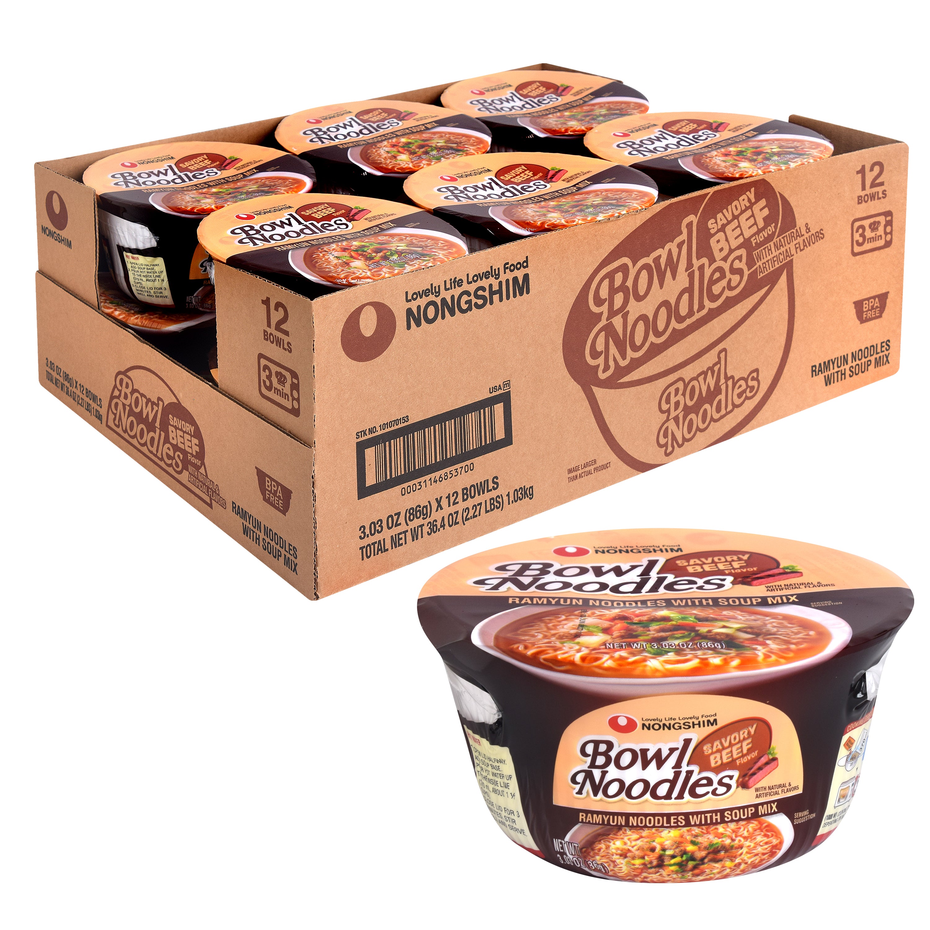 Bowl Noodle — Savory Beef — wholesale case shown with one bowl