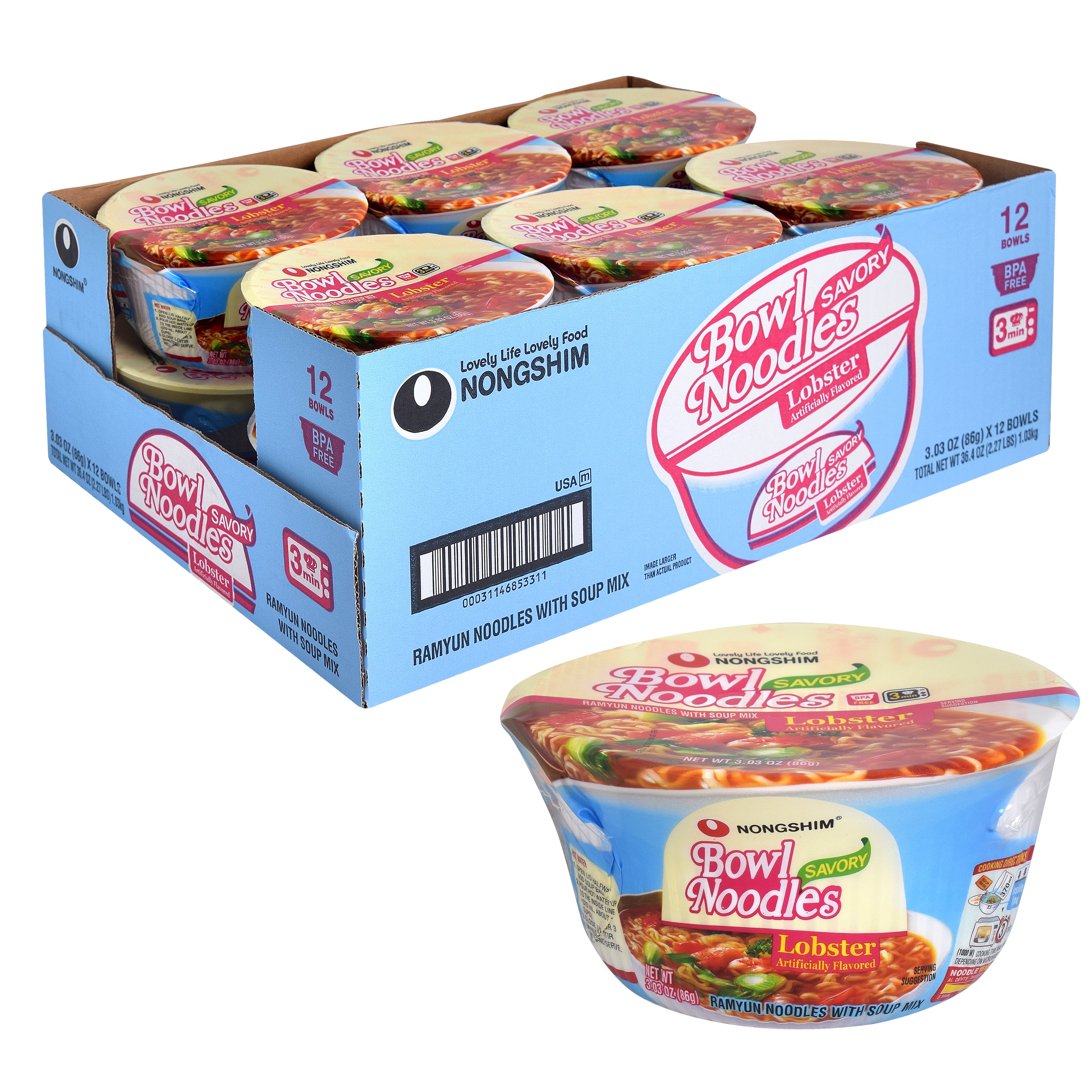 Bowl Noodle — Savory Lobster — wholesale case shown with one bowl