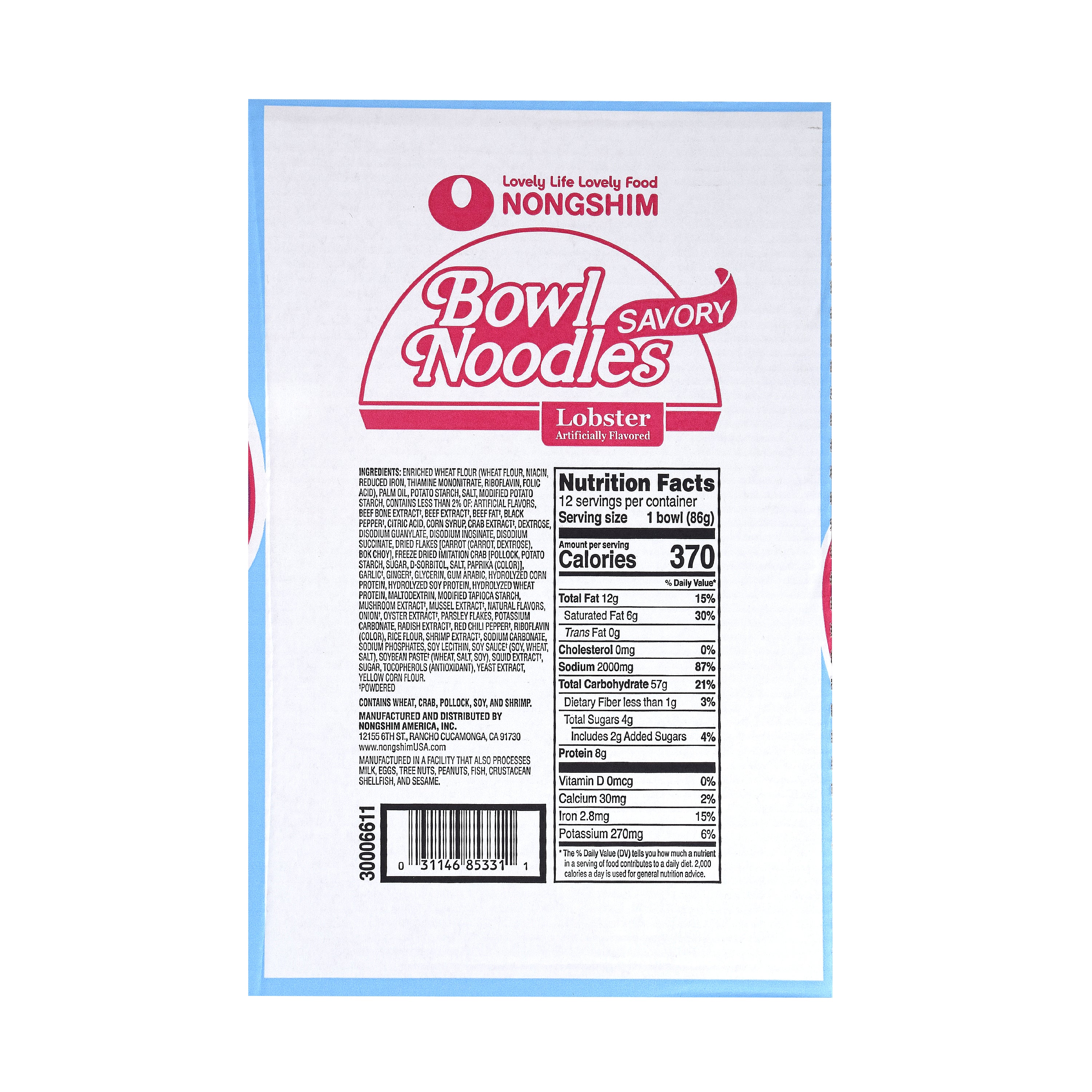 Bowl Noodle — Savory Lobster — case panel with Nutrition Facts