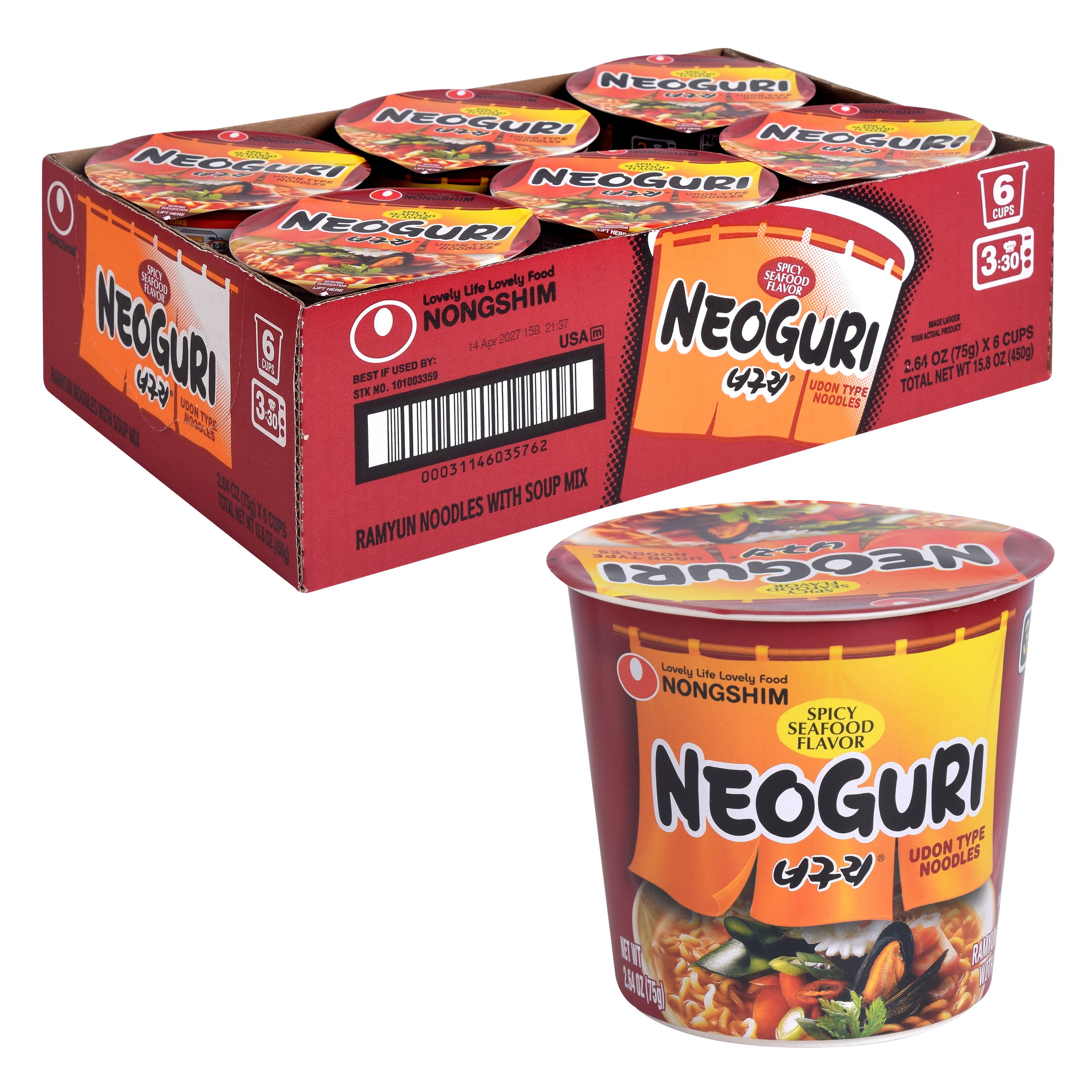 Neoguri Cup Noodle — Spicy Seafood Instant Noodle Cup — wholesale case shown with one cup