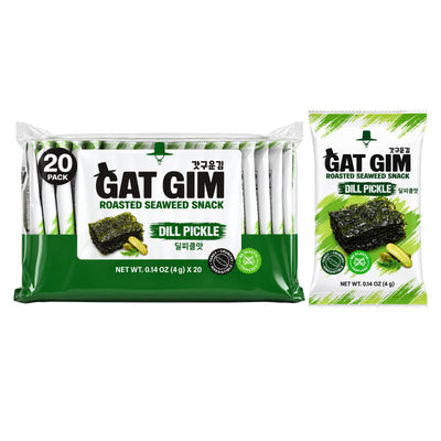 Gatgim — Dill Pickle — 20-pack bag beside a single 4 g pack
