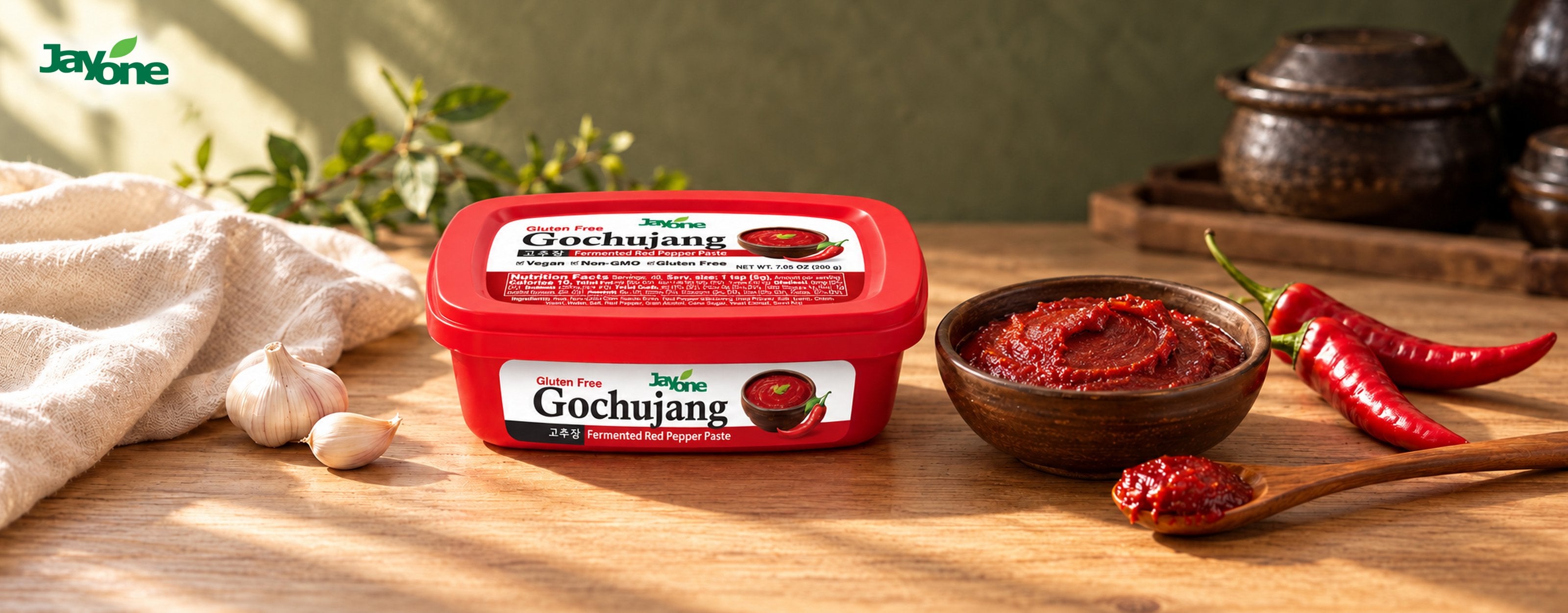 Jayone Gluten Free Gochujang, fermented red pepper paste, beside a bowl of gochujang, garlic and red chili peppers