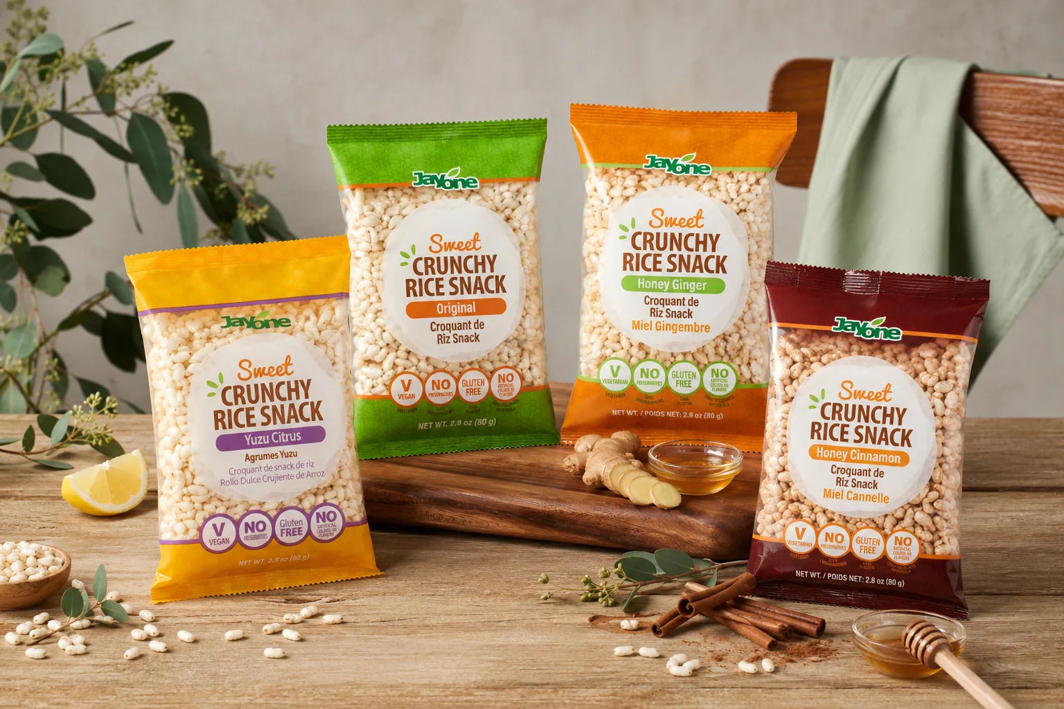 Jayone Sweet Crunchy Rice Snack — four flavors on a wood table