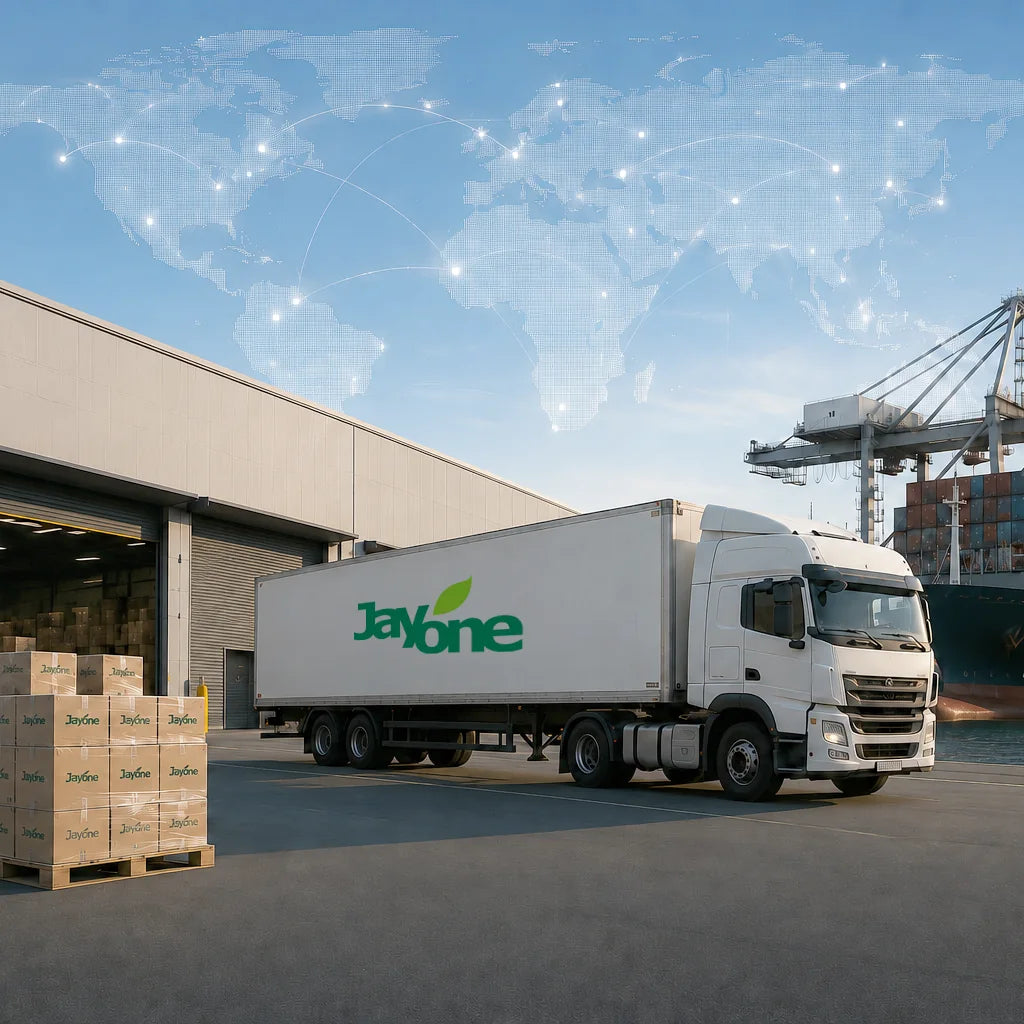 Jayone delivery truck and palletized Jayone cases at a warehouse dock, with a container ship and global shipping routes behind