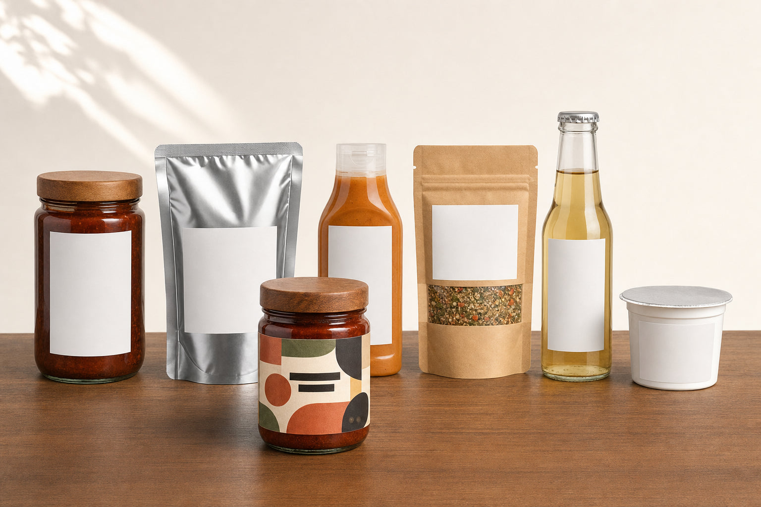 Lineup of six unbranded retail food packages in different formats — jar, pouch, bottle, kraft bag, beverage bottle, tub — each with a blank white label panel, plus one branded mock-up showing a finished private-label product