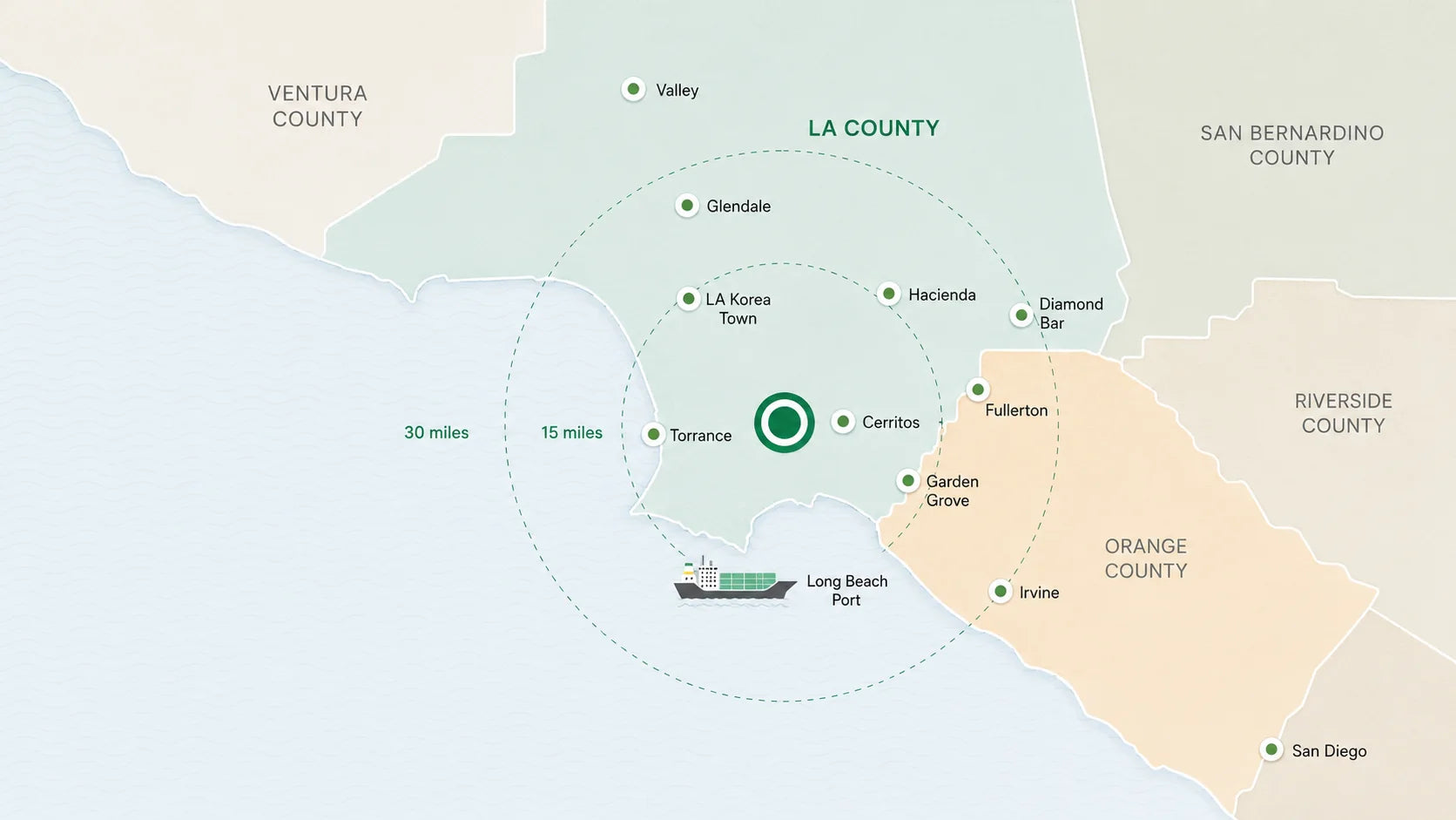 Map of Jayone Foods Southern California delivery area and the Port of Long Beach